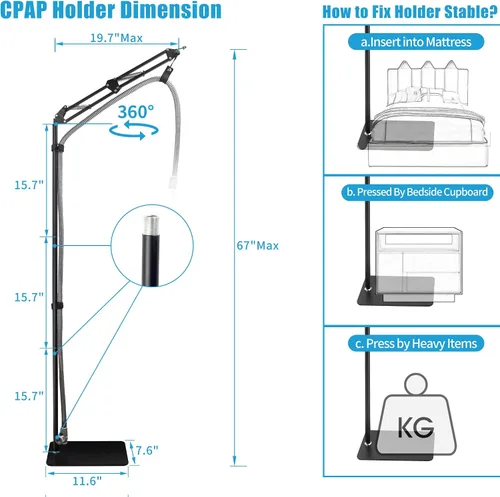 Vista 3 de Soporte de tubo de manguera CPAP, gancho de abrazadera para levantador, kit de almacenamiento de mesita de noche, estructura de metal, fuerte, 5.6