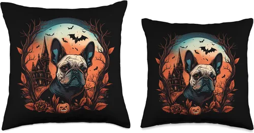 Vista 3 de French Bulldog Funny & Cute Frenchie Love Motifs Disfraz de bulldog francés de Halloween Almohada aterradora de bruja y calabaza, 16 x 16