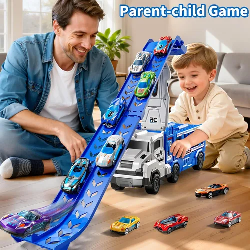 Vista 7 de Juego de camiones de transporte para niños de 3 en 1 con pistas de juguetes para niños de 2 a 4 años con 12 juguetes de autos de carreras, pista