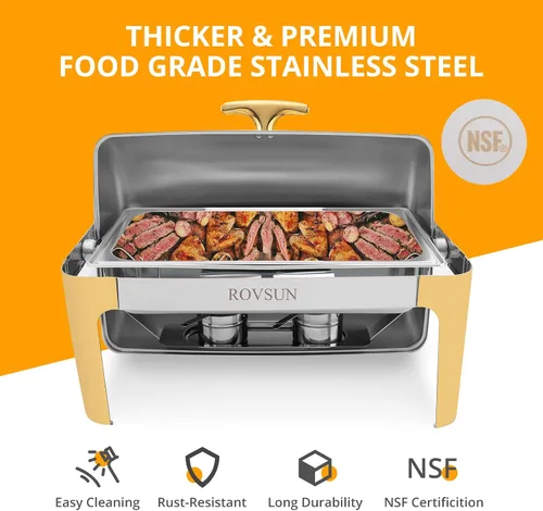 Vista 3 de ROVSUN Juego de platos de bufé con tapa enrollable, con detalles dorados, NSF de 9 cuartos de galón de acero inoxidable rectangular, juego