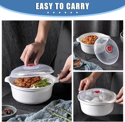 Vista 4 de Tazones para microondas de 3 piezas con tapas, aptos para microondas, platos aptos para microondas para calentar alimentos, artículos esenciales