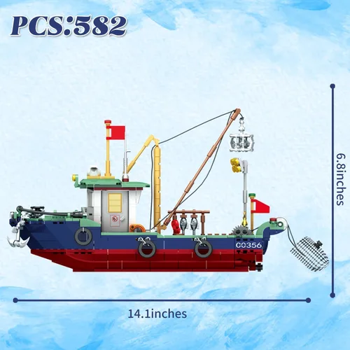 Vista 5 de Juego de bloques de construcción de barcos de pesca, juego de bloques de construcción de pesca en el mar, juego de juguetes de colección