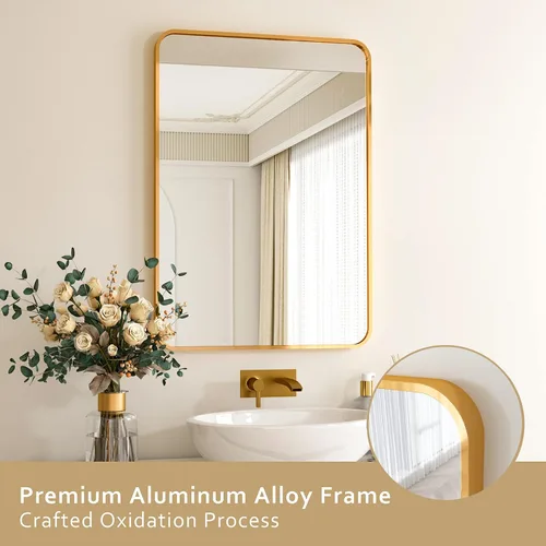 Vista 4 de HARRITPURE Espejo de baño redondeado de 20 x 28 pulgadas, espejo de pared rectangular con marco de aleación de aluminio, espejo colgante