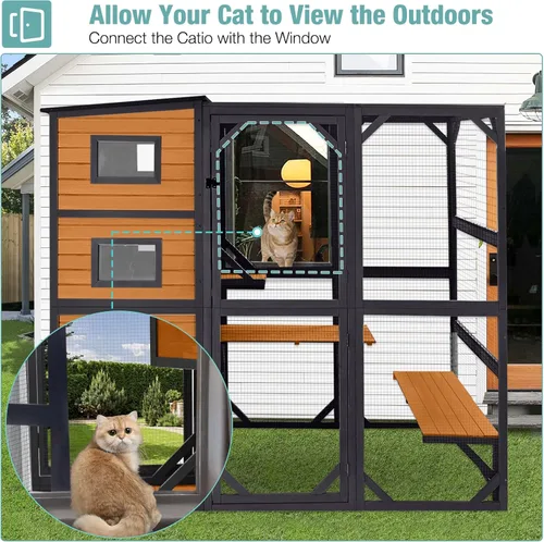 Vista 4 de Big Catio - Casa para gatos al aire libre, refugio de madera para gatos de 4 niveles con gran espacio interior (marrón, extragrande)