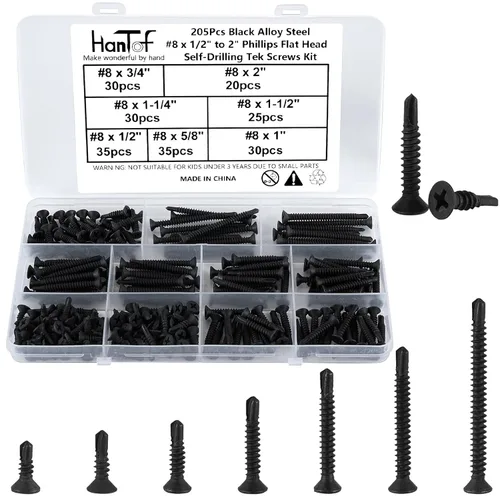 Vista 13 de Kit de surtido de 140 piezas de tornillos negros autoperforantes para metal, tornillos TEK autorroscantes de cabeza de armadura modificada de 8# x
