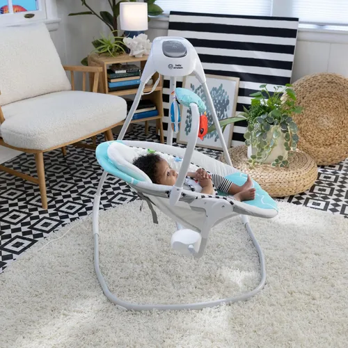 Vista 13 de Baby Einstein Ocean Explorers Musical Compact, columpio ligero para bebé, 6 velocidades multidirección, vibraciones, música, sonidos, 0-9 meses, Gris