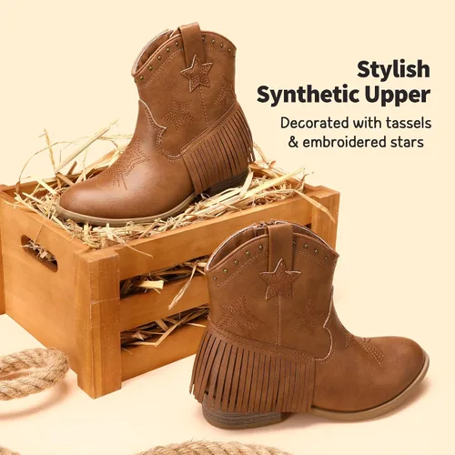 Vista 2 de DREAM PAIRS Botas vaqueras para niñas, estilo vaquero, con cremallera lateral, con borla, para niños pequeños y grandes