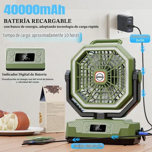 Vista 2 de Sireck Ventilador de camping recargable portátil de 10.8 pulgadas, verde Funciona con batería de 40000 mAh, luz LED, pantalla digital