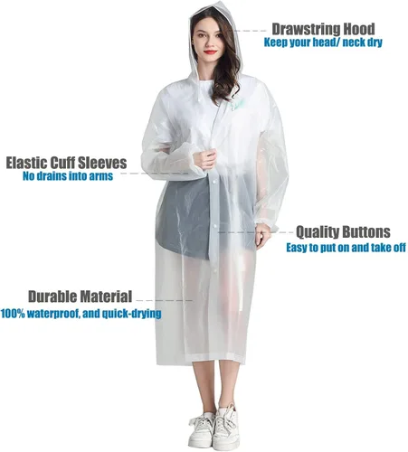 Vista 4 de HLKZONE Impermeable Paquete de 2 abrigos de lluvia portátiles de EVA reutilizables con capucha y mangas elásticas color blanco XL