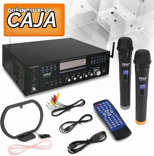 Vista 8 de Pyle Sistema amplificador de micrófono inalámbrico de 4 canales, receptor estéreo de audio para el hogar con reproductor de CD/DVD, micrófonos UHF