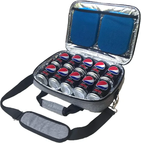 Vista 10 de Red Suricata Hielera delgada aislada, ultrafina, plana, pequeña bolsa de almuerzo para 10 latas de bebidas, 2 paquetes de hielo reutilizables Negro