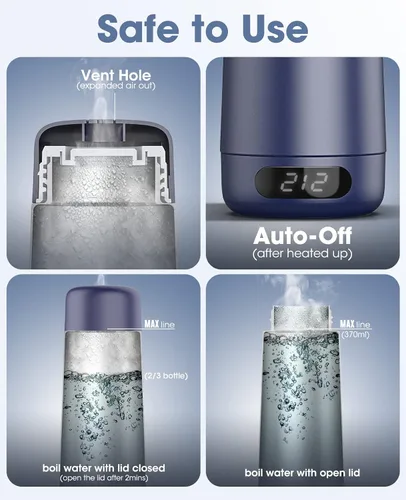 Vista 8 de Hervidor de Viaje, Hervidor Eléctrico Portátil de Voltaje Dual 110V-220V-240V Hervidor de Agua Pequeño Inteligente para Té y Café, Acero Inoxidable