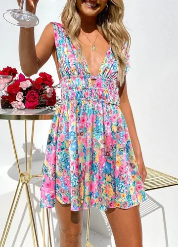 Vista 2 de ROAONOCOMO Vestidos cortos con estampado floral Y2K para mujer vestidos de tirantes delgados vestidos retro sin espalda vestidos de fiesta sexy