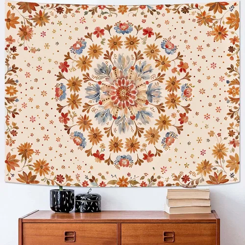 Vista 28 de Fowocu Tapiz bohemio con mandala floral para colgar en la pared, medallón de flores bohemias, tapiz estético, beige, naranja, hippie, indio, pequeño