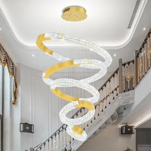 Vista 9 de Candelabro LED de anillo dorado para sala de estar, comedor y dormitorio, lámparas de cristal modernas, iluminación colgante, lámparas ajustables