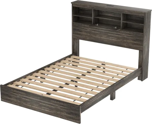 Vista 8 de Conjunto de dormitorio de 4 piezas estilo granja, cama plataforma tamaño queen con 2 mesitas de noche y almacenamiento de 5 cajones, estructura