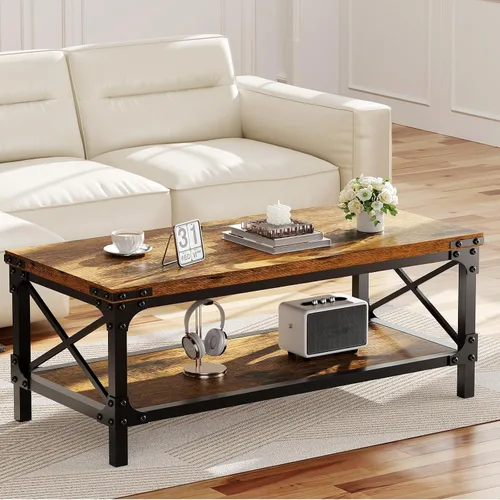 Vista 10 de Mesa de café rectangular para sala de estar, mesa de café rectangular de madera, mesa central industrial moderna de 2 niveles con tablero engrosado