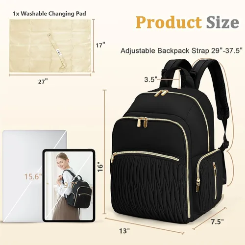 Vista 5 de miss fong Mochila para pañales – Bolsa de pañales para bebé con cambiador de pañales, mochila acolchada para pañales de viaje con 16 bolsillos Negro