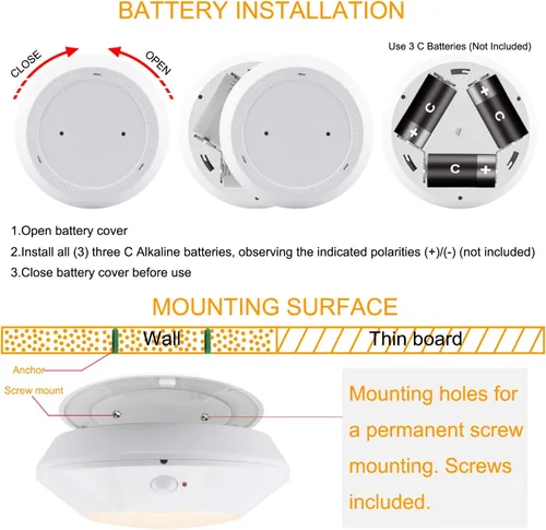 Vista 5 de HONWELL Lámpara de techo LED a pilas, luz de techo con sensor de movimiento, luz de ducha inalámbrica con control remoto RF de 80 pies a través