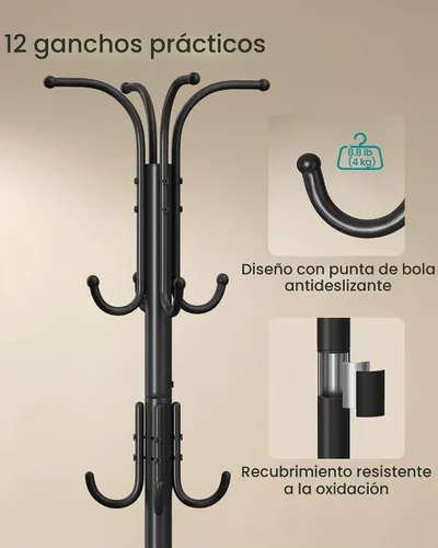 Vista 5 de SONGMICS - Perchero de metal independiente, con soporte para paraguas, 12 ganchos