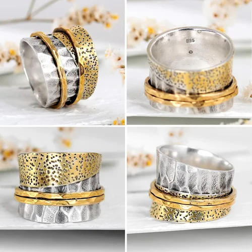 Vista 4 de Boho-Magic Anillo giratorio de plata de ley 925 para mujer con anillos de latón para la ansiedad, Metal, Sin piedras preciosas