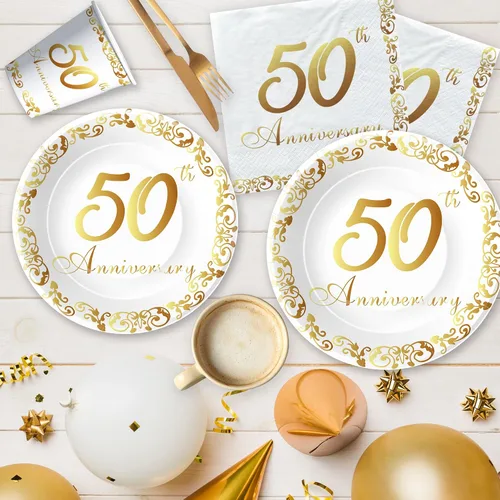 Vista 4 de APOWBLS Decoraciones y suministros para el 50 aniversario – Decoración dorada del 50 aniversario de boda, suministros para fiesta, plato de papel