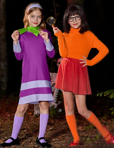 Vista 7 de BesserBay Disfraz naranja de Halloween para niñas, disfraz de manga larga para cosplay, 4-14 años