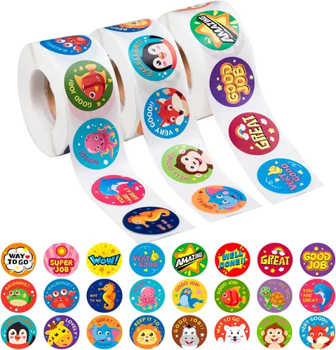 Vista 8 de 3 rollos de calcomanías motivacionales para niños, 1500 unidades de calcomanías de recompensa para maestros, suministros escolares, calcomanías