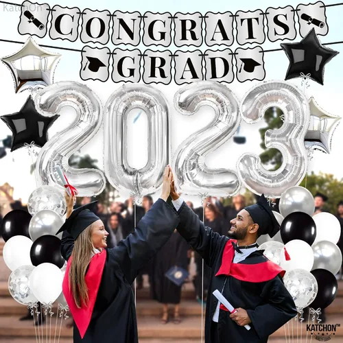 Vista 6 de KatchOn, Decoraciones de fiesta de graduación plateadas 2023 – Gaint de 40 pulgadas, paquete de 43 Cartel de graduación de felicitaciones
