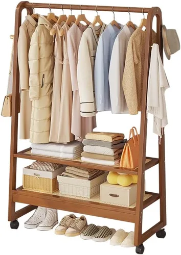 Vista 8 de Bamboo Clothing Rack with Hanging Rails,Sturdy Garment Rack with 2-Tier Shoe Rack,Portable Clothes Rack with Hook and Storage Shelf,for