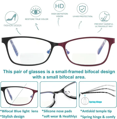 Vista 2 de Gafas de lectura bifocales pequeñas para mujer, con luz azul, lector de computadora, parte superior transparente, Cateye para mujer, gafas elegantes