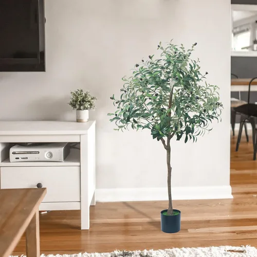 Vista 5 de Árbol de olivo artificial, planta de olivo sintético de 4.9 pies con maceta negra, árbol grande de seda sintética en maceta, planta de olivo