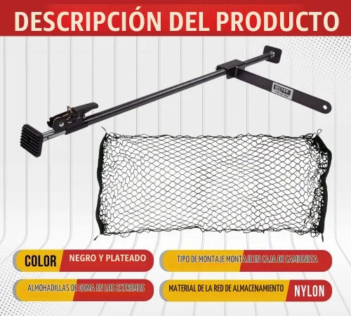 Vista 2 de Mytee Products Barra de Bloqueo de Carga Ajustable de Servicio Pesado de 40"-70" con Barra Divisora de 16" y Red de Almacenamiento para Sujeción