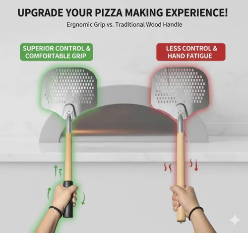 Vista 7 de Pala de pizza de aluminio de 14 x 12 pulgadas con mango de madera de haya desmontable Paleta perforada antiadherente de metal para lanzar, girar