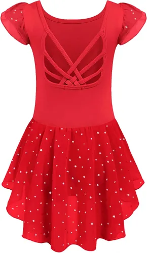 Vista 7 de Arshiner - Malla de ballet con mangas de volantes brillantes y falda con espalda cruzada para niñas Floral rosa aguamarina