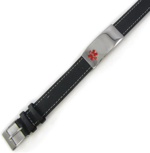 Vista 2 de Pulsera de cuero de la identificación médica, placa de identificación de acero