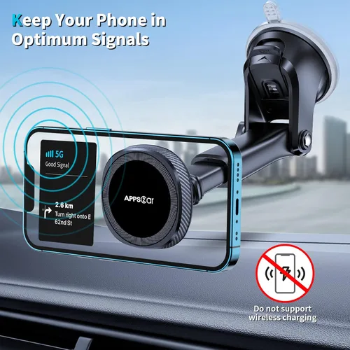 Vista 4 de APPS2Car Soporte magnético para teléfono MagSafe para iPhone, soporte magnético para salpicadero de parabrisas con brazo telescópico y ventosa