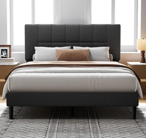 Vista 9 de Pipishell Marco de cama Full con 2 cajones de almacenamiento, 12 patas resistentes, base de cama de madera maciza con cabecera tapizada