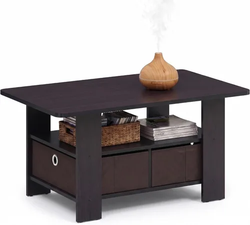 Vista 10 de Furinno Andrey - Mesa de centro con cajón de contenedor, pino ámbar/negro, pequeña parte superior sin elevación Ámbar Pino/Negro
