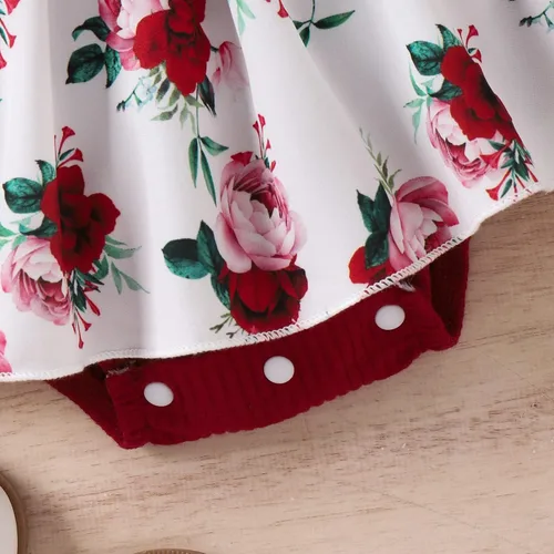 Vista 7 de Trajes de manga larga para niña recién nacida, cuello redondo, estampado de flores, patchwork con banda para el pelo, 2 piezas, ropa de otoño