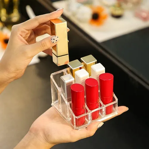 Vista 2 de 24 rejillas de acrílico maquillaje lápiz labial organizador caja escritorio lápiz labial soporte de exhibición transparente soporte