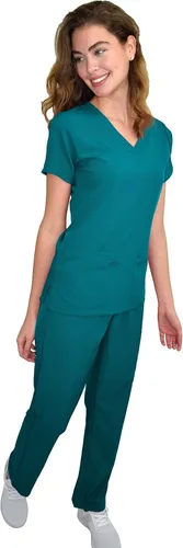 Vista 2 de Conjunto médico de enfermería GT 4FLEX con cuello en V y pantalón, verde azulado