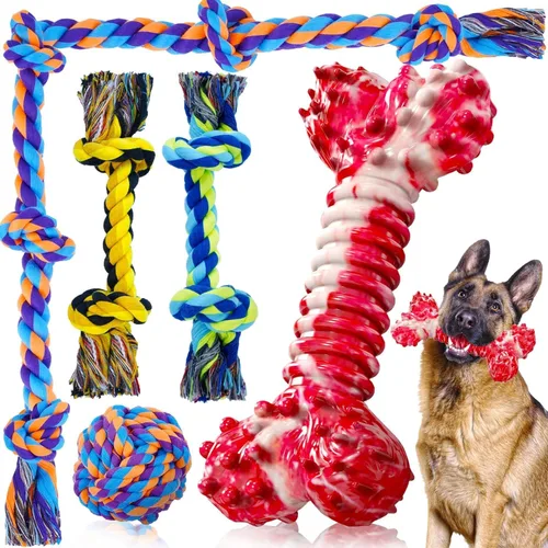 Vista 17 de SHARLOVY - Juguetes para perros grandes y masticadores agresivos Indestructible XL Durable Dog Toy,5-Knot Rope Tug,Heavy Duty Chew Sturdy Cotton