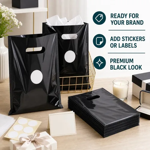 Vista 4 de ysmile Pequeña bolsa de compras de plástico negro para pequeñas empresas Bolsa de mercancía de plástico con asa Poli troquelado para venta al por