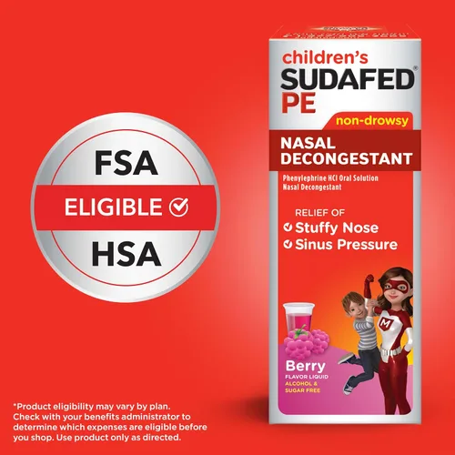 Vista 6 de Sudafed Descongestionante Nasal PE Para Niños, Medicina Líquida para el Alivio del Resfriado con Fenilefrina HCl, Sin Alcohol y Sin Azúcar, Sabor a
