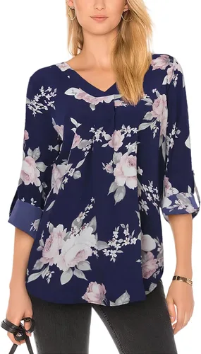 Vista 15 de Youtalia Blusas para mujer, elegantes, informales, de negocios, manga 3/4, de gasa, cuello en V, camisas de trabajo y oficina