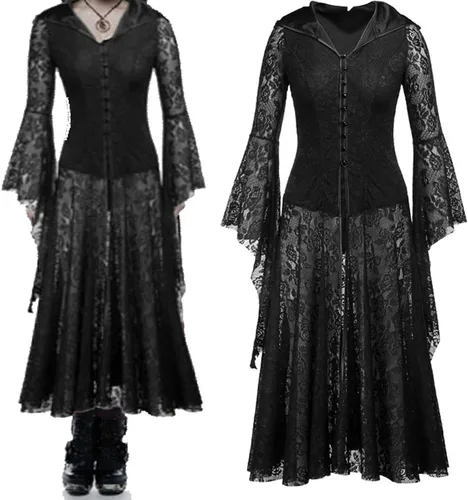 Vista 2 de Women Flare Sleeve Gothic Dress Court Cosplay Costumes Lace Hoodie Cloak Punk Dress Vintage Renaissance Steampunk Dress