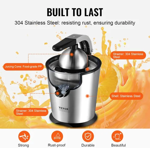 Vista 5 de VEVOR Exprimidor eléctrico de cítricos, exprimidor de jugo de naranja con conos de jugo de dos tamaños, máquina de jugo de naranja de acero