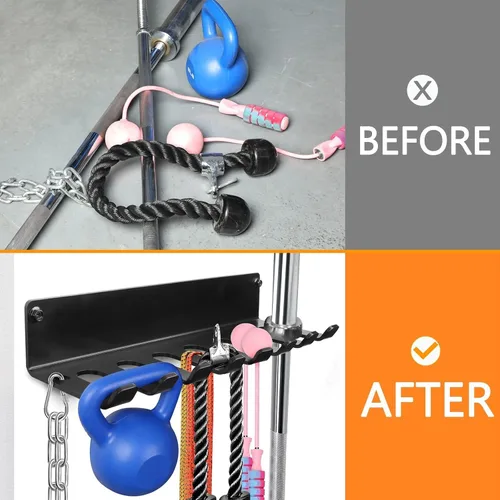 Vista 8 de Organizador de gimnasio, colgador de accesorios de gimnasio en casa, ganchos de montaje en pared para mancuernas olímpicas, asas de fila