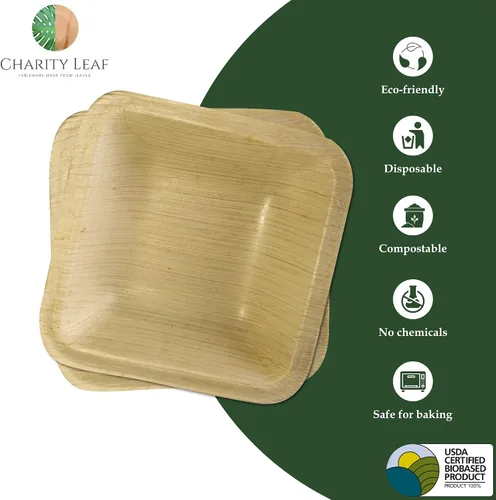 Vista 2 de Charity Leaf - Cuencos mini cuadrados desechables de hoja de palma de 3.5" (25 piezas) Similar al bambú Todo natural y biodegradable Para